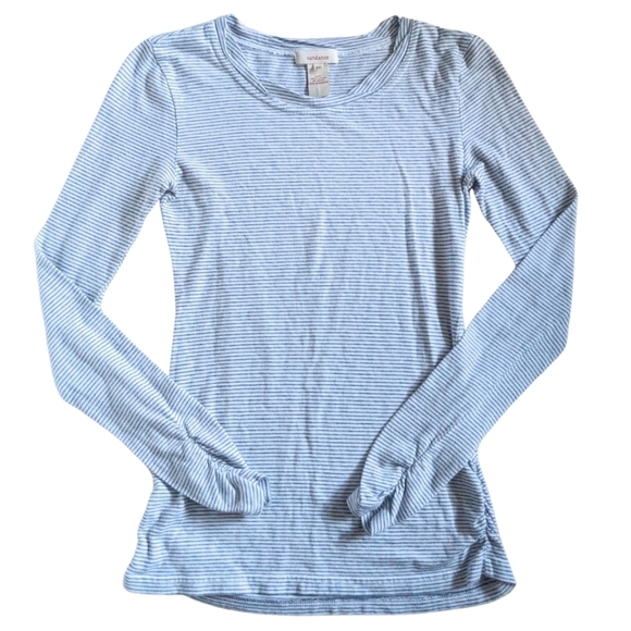 Sundance white blue striped long sleeve shirt ruched sleeves XS Extra Small - Picture 1 of 3